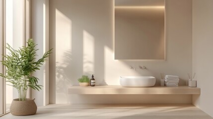 A detailed view of a minimalistic bathroom with a floating vanity, large frameless mirror, and simple fixtures, featuring a serene, uncluttered design.