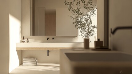 Fototapeta premium A detailed view of a minimalistic bathroom with a floating vanity, large frameless mirror, and simple fixtures, featuring a serene, uncluttered design.