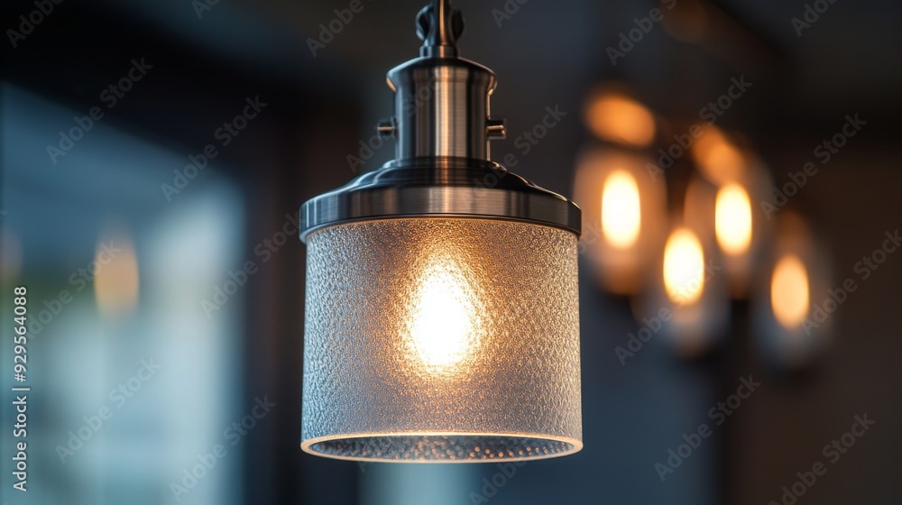 Poster a detailed view of a pendant light with a frosted glass shade and a brushed metal finish, capturing 