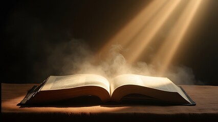 An open holy book, symbolizing spiritual wisdom and religious devotion. The pages are elegantly displayed, inviting contemplation and reverence. Perfect for themes of faith and guidance.