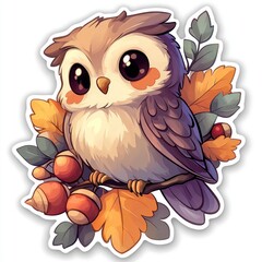 Cute Cartoon Owl Perched on a Branch with Autumn Leaves