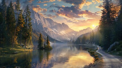 Obraz premium A serene picture of a sunset over a mountain lake