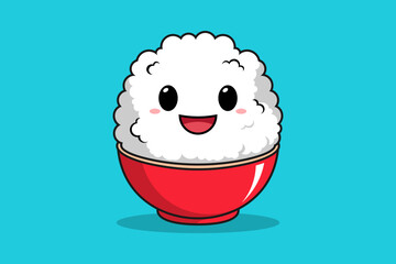 Cute Mascot Illustration of Rice in a red bowl. Flat Style Flat Cartoon Style Suitable for Landing Page, Banner, Sticker, Background