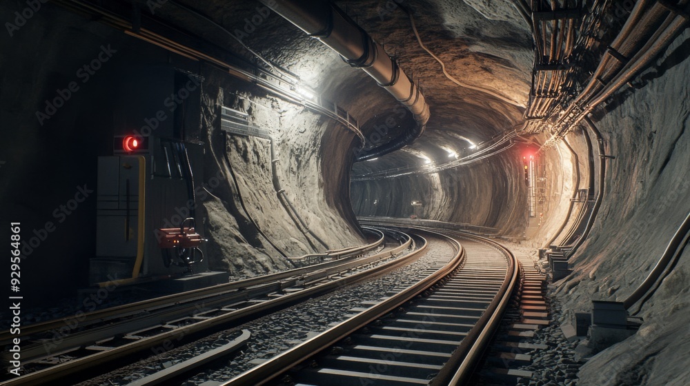 Aufkleber a detailed view of an underground train tunnel with tracks and signaling equipment, highlighting the