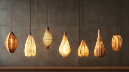 A selection of pendant lights showcasing warm, earthy aesthetics, featuring designs with wood grain, hammered metal, and pleated fabric