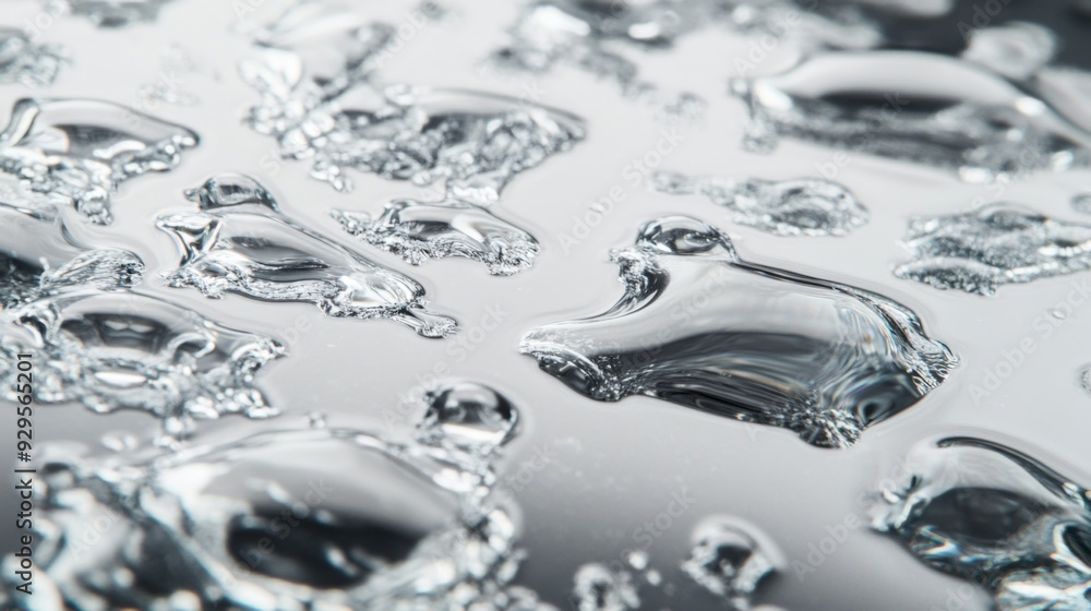 Poster a detailed view of water droplets on a smooth, glass surface, with the droplets varying in size and 