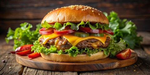 Juicy beef patty topped with crispy bacon, melted cheddar cheese, and fresh lettuce, tomato, and onion on toasted brioche, surrounded by mixed greens.