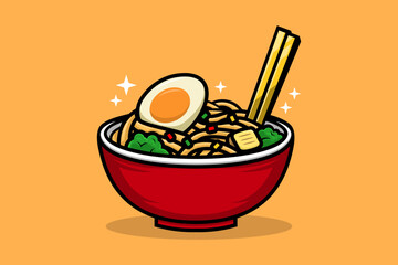 Illustration of Noodles with Egg in Red Bowl. Isolated Food Icon Concept. Flat Cartoon Style Suitable for Landing Page, Banner, Sticker, Background