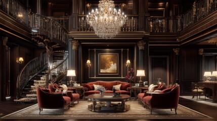 A luxurious living room with a grand chandelier, velvet armchairs, and rich, dark wood accents, exuding elegance and sophistication.