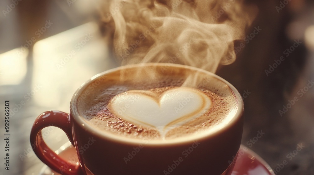 Poster A macro shot of a latte art heart design on the surface of a hot coffee, with steam rising gently from the cup.
