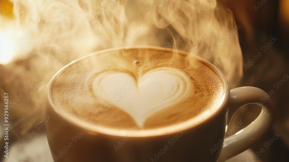 Poster A macro shot of a latte art heart design on the surface of a hot coffee, with steam rising gently from the cup.