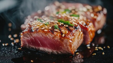 A macro shot of a grilled tuna steak, perfectly seared on the outside and pink in the middle, garnished with sesame seeds and soy glaze.