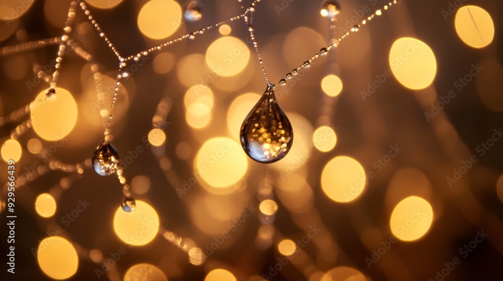 Poster A macro shot of water droplets on a spiderweb, with each droplet reflecting light and creating a sparkling effect against a blurred background.