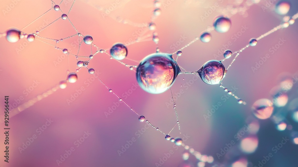 Poster A macro shot of water droplets on a spiderweb, with each droplet reflecting light and creating a sparkling effect against a blurred background.