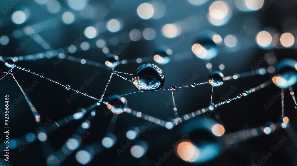 Poster A macro shot of water droplets on a spiderweb, with each droplet reflecting light and creating a sparkling effect against a blurred background.