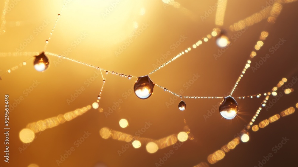 Poster A macro shot of water droplets on a spiderweb, with each droplet reflecting light and creating a sparkling effect against a blurred background.