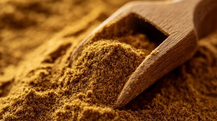 A macro shot of ground cumin with a wooden scoop partially buried in the fine, earthy brown powder, highlighting its rich aroma.