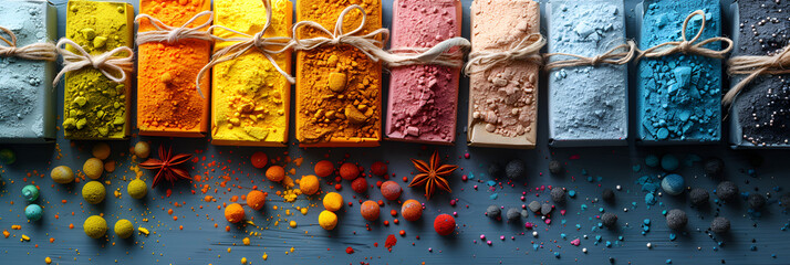 A vibrant array of colorful paint splatters on wooden palettes, showcasing a spectrum of hues and artistic creativity.