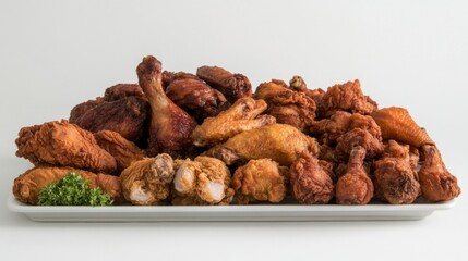 Obraz premium A pile of assorted fried chicken pieces, including wings, thighs, and drumsticks, arranged on a white platter against a plain white background.