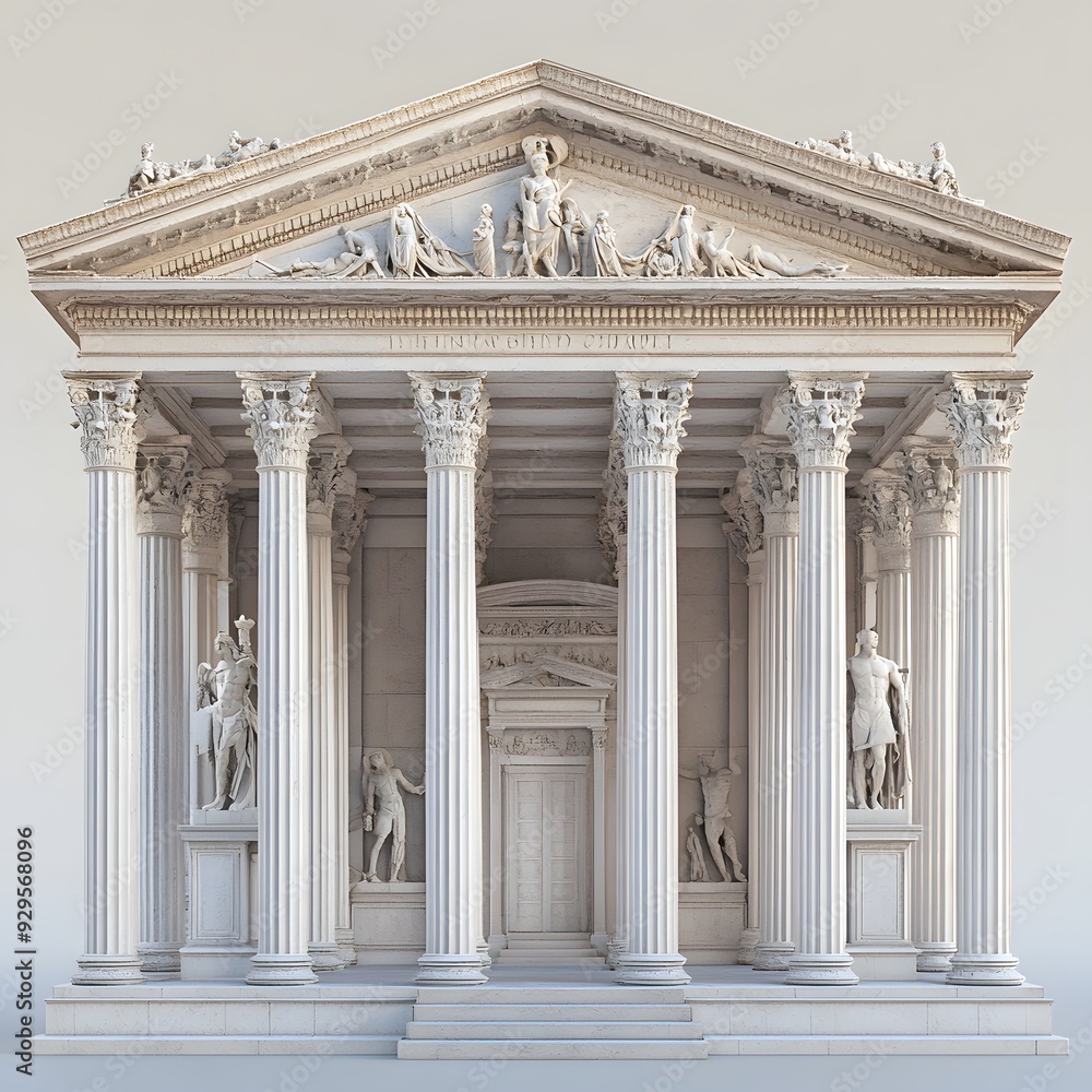 Poster 27. a 3d rendering of an ancient roman temple with detailed architecture and statues