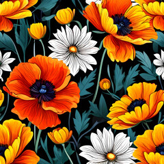 seamless pattern with flowers, argyle daisy poppy marigolds pattern overlay in bright jewel tones black white cartoon drawing	