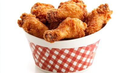 A shot of a bucket filled with fried chicken pieces, with the golden brown chicken contrasting sharply against the clean white background.