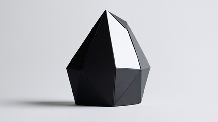 A contemporary product package with a bold, geometric design. The package is made of thick, matte black cardboard and features a striking, triangular shape. The white label is placed asymmetrically