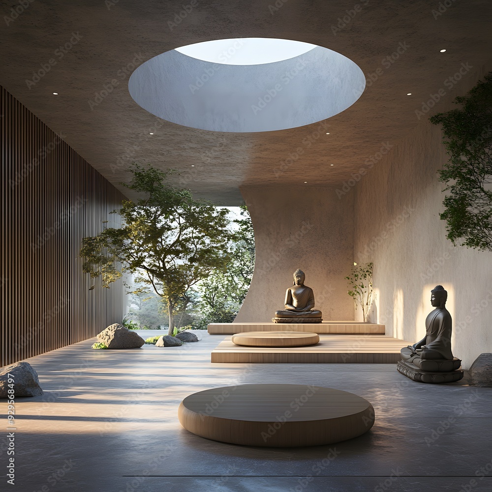Poster 28. a 3d visualization of a buddhist meditation hall with tranquil and simple design