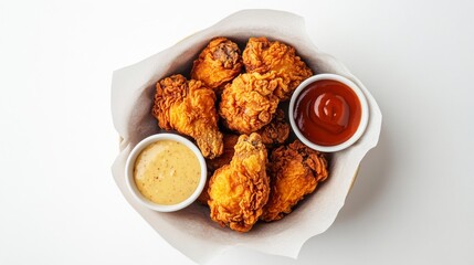 A top-down view of a basket of fried chicken pieces with a few dipping sauces on the side, all set against a pure white background, emphasizing simplicity and focus on the food.