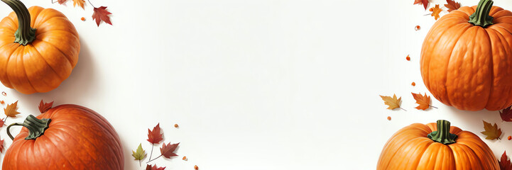 Fototapeta premium Thanksgiving day banner or web header with pumpkin, maple leaves and copy space, white background copy space for text
