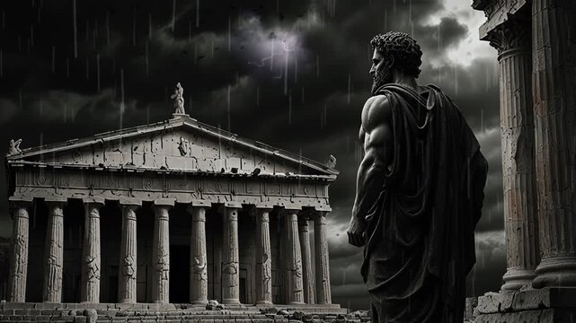 ancient greek building with statues with black clouds atmosphere, smooth looping video 4K animation