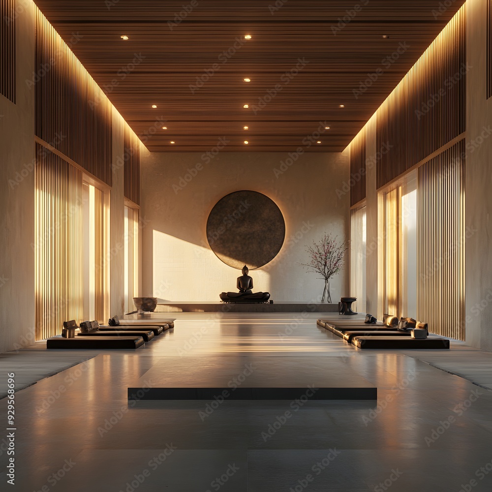 Poster 28. a 3d visualization of a buddhist meditation hall with tranquil and simple design
