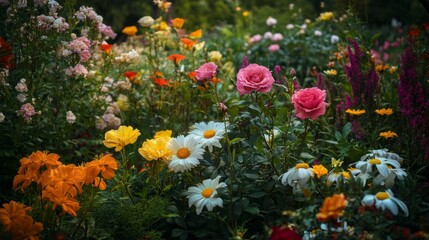 Obraz premium A wide-angle shot of a blooming garden with an array of colorful flowers, including roses, daisies, and lilies, creating a vibrant and lively scene.