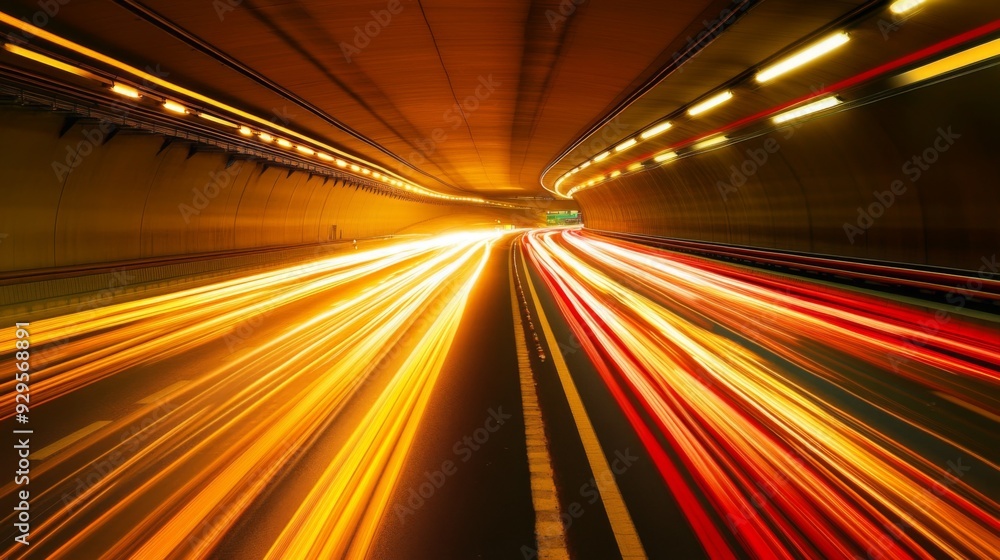 Leinwandbilder a wide-angle shot of a highway tunnel with moving traffic, emphasizing the dynamic movement of vehic