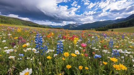 Obraz premium A wide-angle shot of a meadow filled with wildflowers in various colors, capturing the natural beauty and diverse array of flower species.