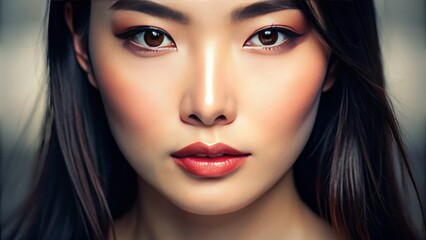 Fototapeta premium Soft focus image of flawless, radiant Asian skin tone with subtle sheen, highlighting smooth forehead, defined brows, and plump lips, exuding natural beauty.