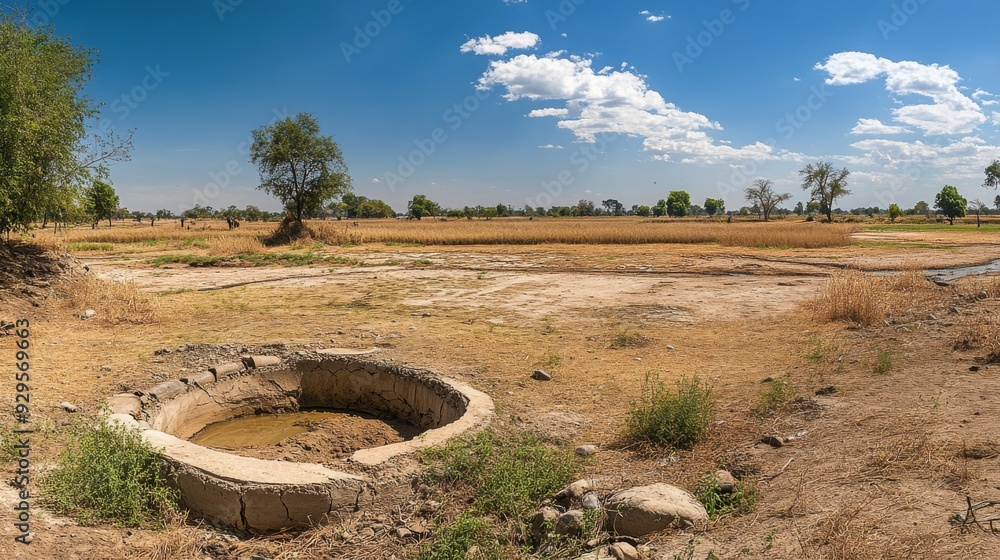 Poster a wide-angle shot of a rural area affected by drought, with empty wells and dry, parched land, empha