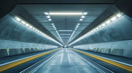 A wide-angle shot of a tunnel leading to an impressive underground facility, such as a parking garage or transit station, with clear architectural features.