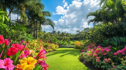 A wide-angle shot of a tropical garden with an explosion of colorful hibiscus and bird of paradise flowers, highlighting the lush, vibrant landscape.