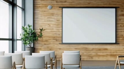 Modern Rustic Training Room: A blank projector screen awaits in a sunlit, wood-paneled training room, ready for inspiration and learning. 