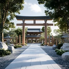 Fototapeten 5. A 3D visualization of a Shinto shrine with torii gates and traditional Japanese architecture © Mr image