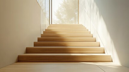 Naklejka premium Modern Minimalist Wooden Staircase with Natural Light and Glass Railings in Contemporary Home Interior