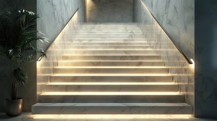 Obraz premium Elegant Marble Staircase with Ambient Lighting in Modern Interior Design