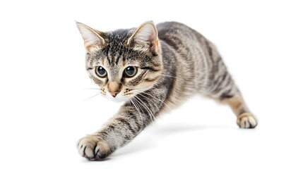 Obraz premium Playful cat chasing an invisible toy on a plain white background