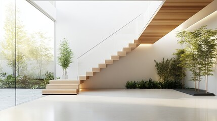 Fototapeta premium Modern Minimalist Interior with Floating Wooden Staircase and Indoor Plants in Sunlit Room