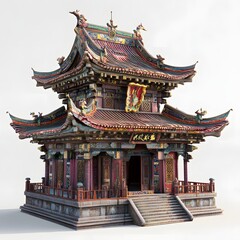 Fototapeta premium 9. A 3D model of a Taoist temple with ornate roofs and symbolic decorations