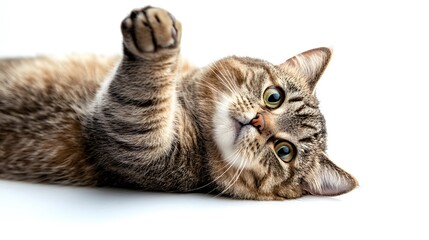 Fototapeta premium Playful cat rolling over with a playful expression on a blank background