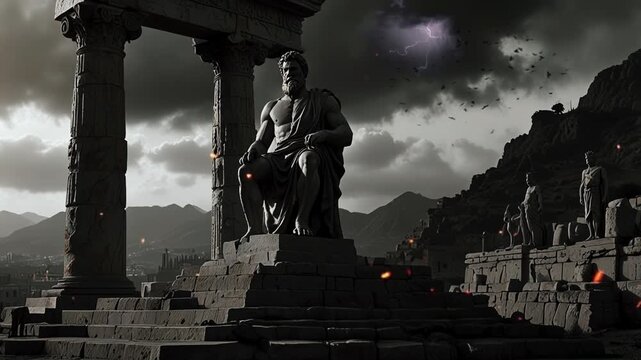 ancient greek building with statues with black clouds atmosphere, smooth looping video 4K animation
