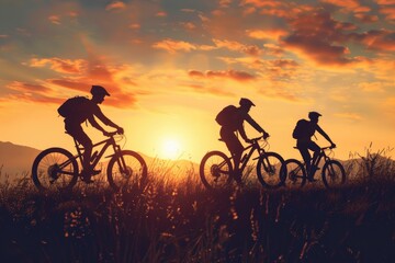 Obraz premium Group of people riding bicycles on a lush green field, great for outdoor and leisure activities images