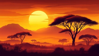 Beautiful sunset in the African savanna with acacia trees against mountains